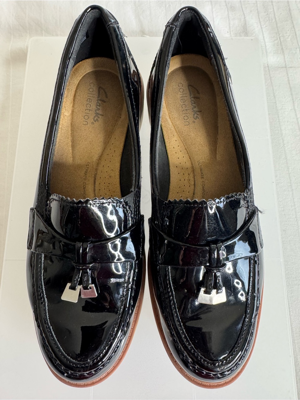 Clarks Black Patent Tassel Loafers for Women